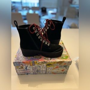 Jeffry Campbell Finches Combat Boot Lace Up Platform Black Suede Boots